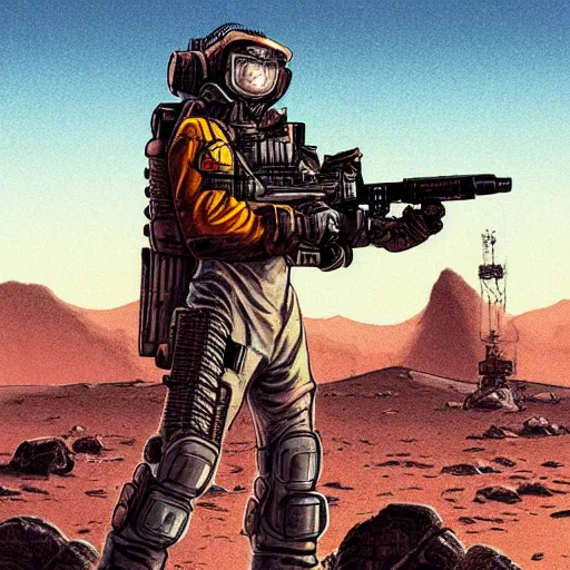 Image similar to a cyberpunk soldier with tactical gear and a rifle on mars, Industrial Scifi, detailed illustration, character portrait, by Martin Grip and Moebius