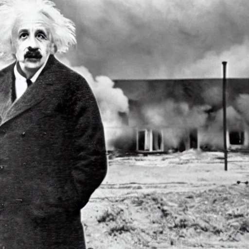 Prompt: a photo of a house burning down in the background and einstein with an eerie expression in the foreground, strong depth of field