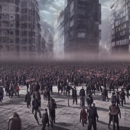 Image similar to hordes of drone-like people aimlessly walking around a depressing dystopian cityscape , trending on artststion, hyper realistic, surreal, melancholic, 8k, upscaled