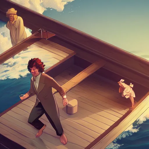 Image similar to Mark Twain as Huck Finn on a raft going down the river, ambient lighting, 4k, anime key visual, lois van baarle, ilya kuvshinov, rossdraws, artstation