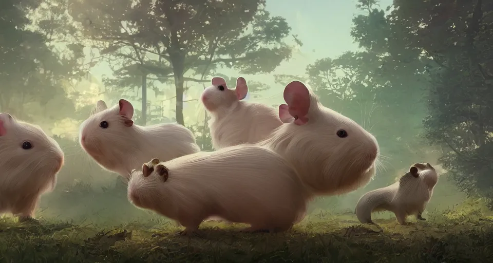 Image similar to ultra realistic cute guineapigs everywhere, by simon stalenhag, frank frazetta, greg rutkowski, beeple, yoko taro, christian macnevin, wlop and krenz cushart, epic fantasy character art, volumetric outdoor lighting, midday, high fantasy, cgsociety, cheerful colours, full length, exquisite detail, post - processing, masterpiece, cinematic