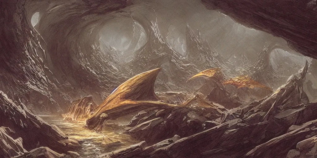 Image similar to artwork by john howe of the ruthless cavern leviathan