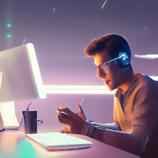 Image similar to Elite programmer expertly wrangling code late at night, intensely focused, coffee, highly detailed, sharp focus, smooth, cinematic lighting, realistic digital art, trending on artstation