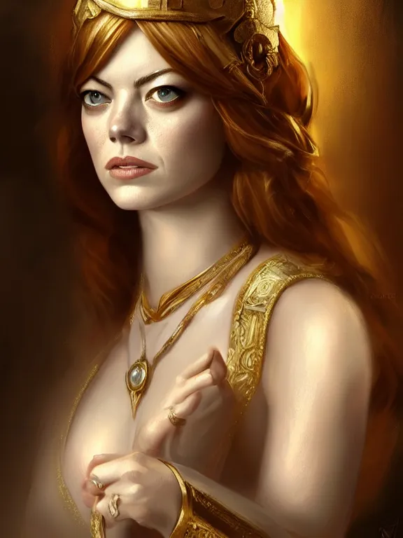 Prompt: emma stone as a greek era noble, digital painting, extremely detailed, 4 k, intricate, brush strokes, mark arian, artgerm, bastien lecouffe - deharme
