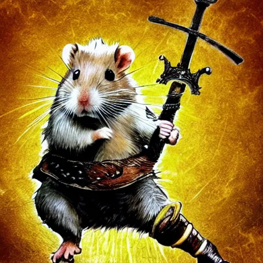 Image similar to a hamster holding a sword in the style of Berserk manga