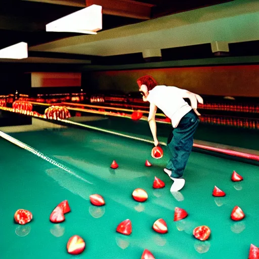 Prompt: big lebowski throwing watermelon in bowling alley, cinematic action still, award winning professional food photography