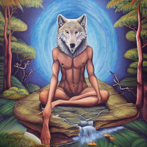 Prompt: an anthromorphic wolf meditating near an african zen waterfall by amanda sage, oil on canvas, 8k