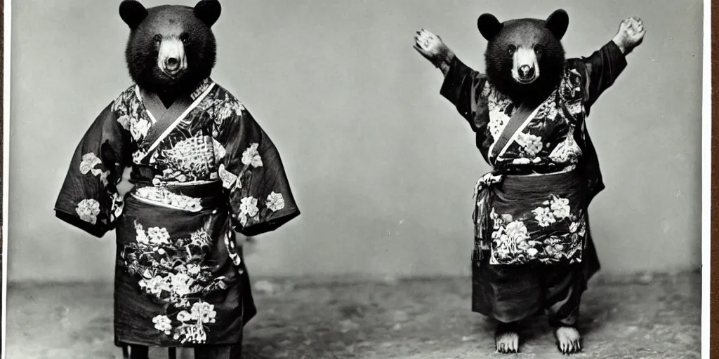 Image similar to anthropomorphic asian black bear in kimono, 1900s photo