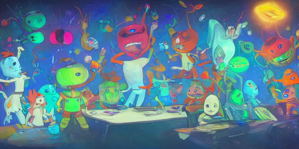 Prompt: a group of multi colored aliens with exasperated expressions sitting around a desk drawing on tablets, floating in the air on the back of a giant blue bird, sighing, ironic, painting, realistic, cinematic, trending on art station, mid shot, rim lighting