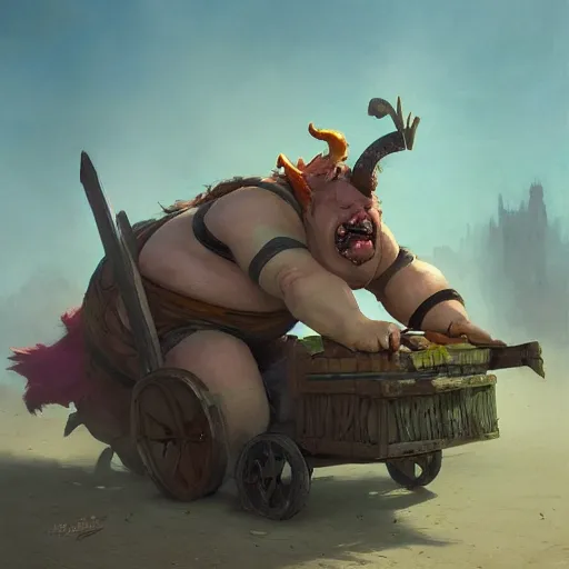 Image similar to fat fantasy goblin riding in a rickety wooden cart holding a lance, organic painting, sunny day, matte painting, bold shapes, hard edges, street art, trending on artstation, by huang guangjian, gil elvgren, ruan jia, greg rutkowski, gaston bussiere