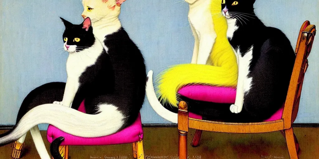 Image similar to two cats on an old armchair, blue and white hair, yellow and pink hair, style of norman rockwell