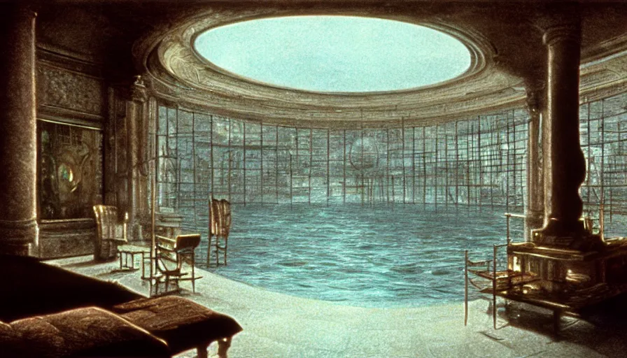 Prompt: 1 9 7 0 s movie still by andrei tarkovsky of a noneuclidian palace with a lake in the middle, by piranesi, panoramic, ultra wide lens, cinematic light, flare, anamorphic