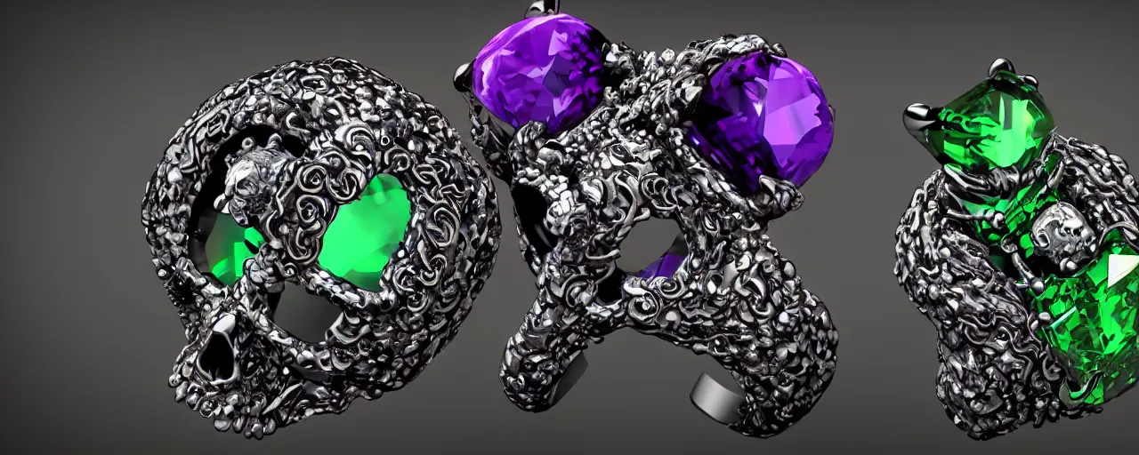 Image similar to simple magic crystal ring of poison, radiant cut, skull, skulls, tentacles, green, black, purple. smooth shank, crystal, engravings, diamonds, product design, jewelry, gold, silver, colorful, art by gerald brom, greg rutkowski and artgerm, photo realism, unreal engine, c 4 d