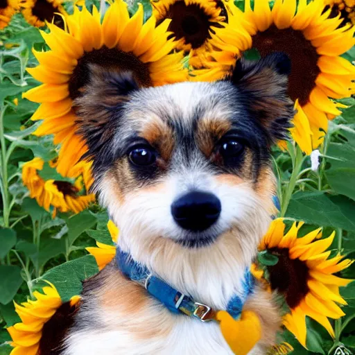 Image similar to little dog made out of sunflowers