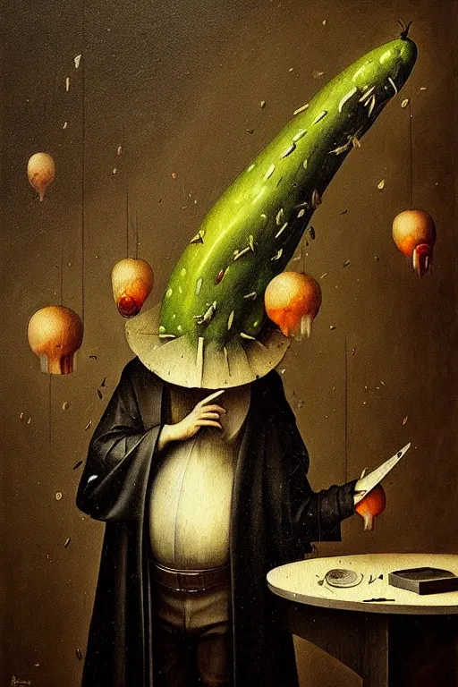 Prompt: hieronymus bosch, greg rutkowski, anna podedworna, painting of a pickle in a suit and tie