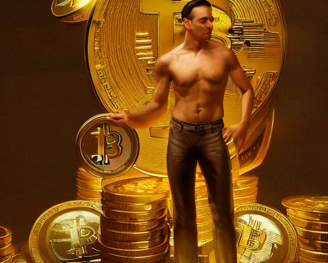 Image similar to attractive oiled up glossy man posing in front of a huge golden bitcoin, angelic light, commercial by annie liebovitz, gaston bussiere, craig mullins, j. c. leyendecker, photorealistic, trending artstation, 8 k