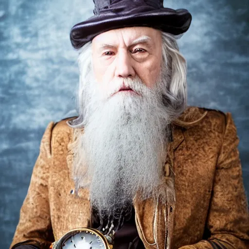 Image similar to steampunk dumbledore, professional portrait photography