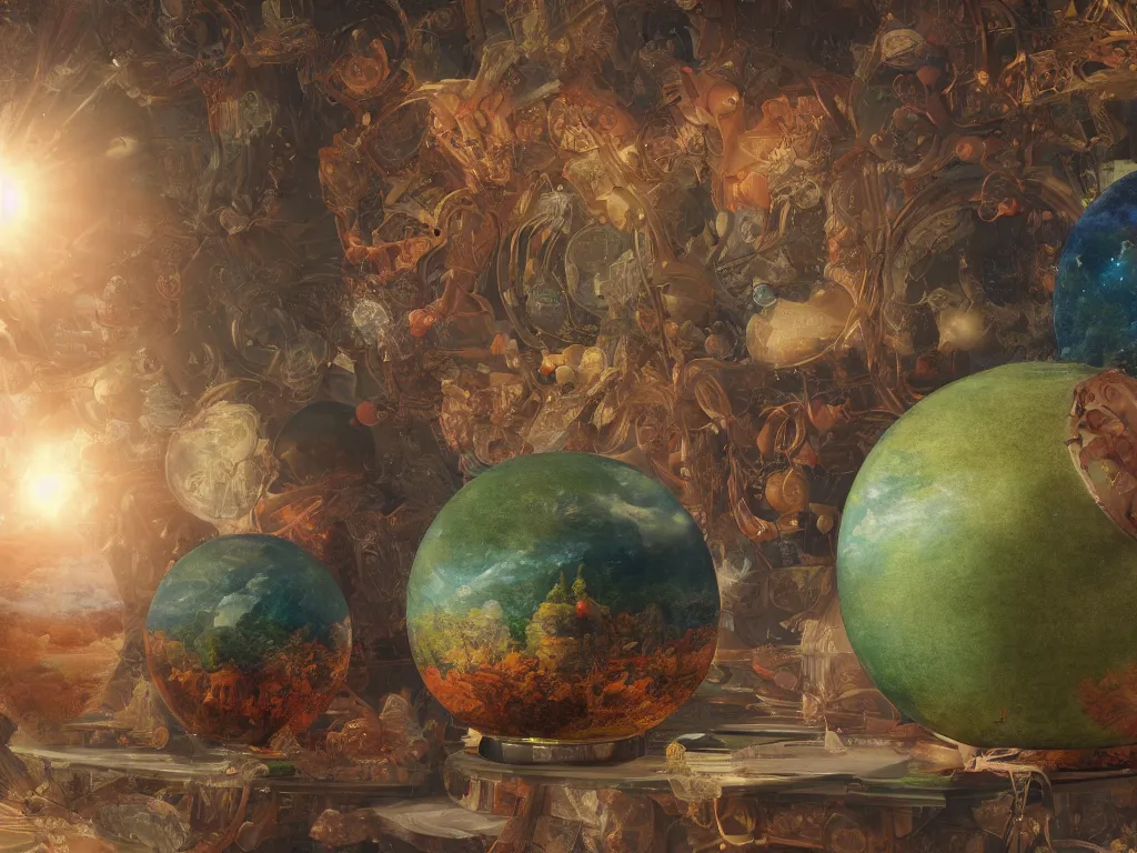 Image similar to 3 d render, sunlight study, the universe is a spheroid region 7 0 5 meters in diameter, art nouveau, by cornelis de heem and ( ( ( ( ( frederic edwin church ) ) ) ) ) and ( ( ( ( ( lisa frank ) ) ) ) ), 8 k, sharp focus, octane render