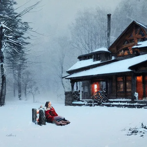 Image similar to adelaide kane sitting on the porch to a large snowy wooden cabin, artstation, jakub rozalski, high detail