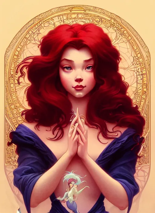 Image similar to portrait of disney ariel, intricate, elegant, highly detailed, my rendition, digital painting, artstation, concept art, smooth, sharp focus, illustration, art by artgerm and greg rutkowski and alphonse mucha and uang guangjian and gil elvgren and sachin teng, symmetry!!