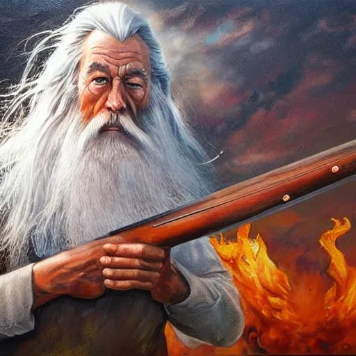 Prompt: full body portrait of gandalf firing a shotgun, view from below, oil painting, war photo, anger, fire, dramatic, very detailed, 4k, by Jeffrey Smith and Erin Hanson and Chad Knight