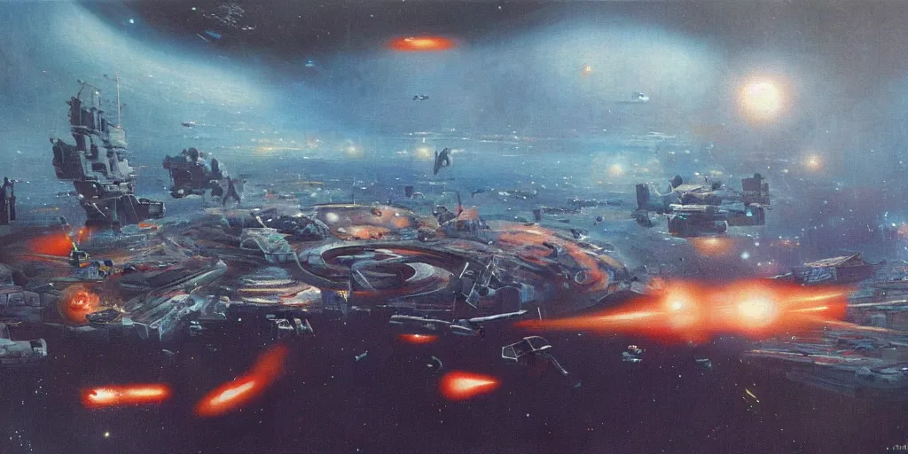 Prompt: a painting of low earth orbit space city under war by john harris.