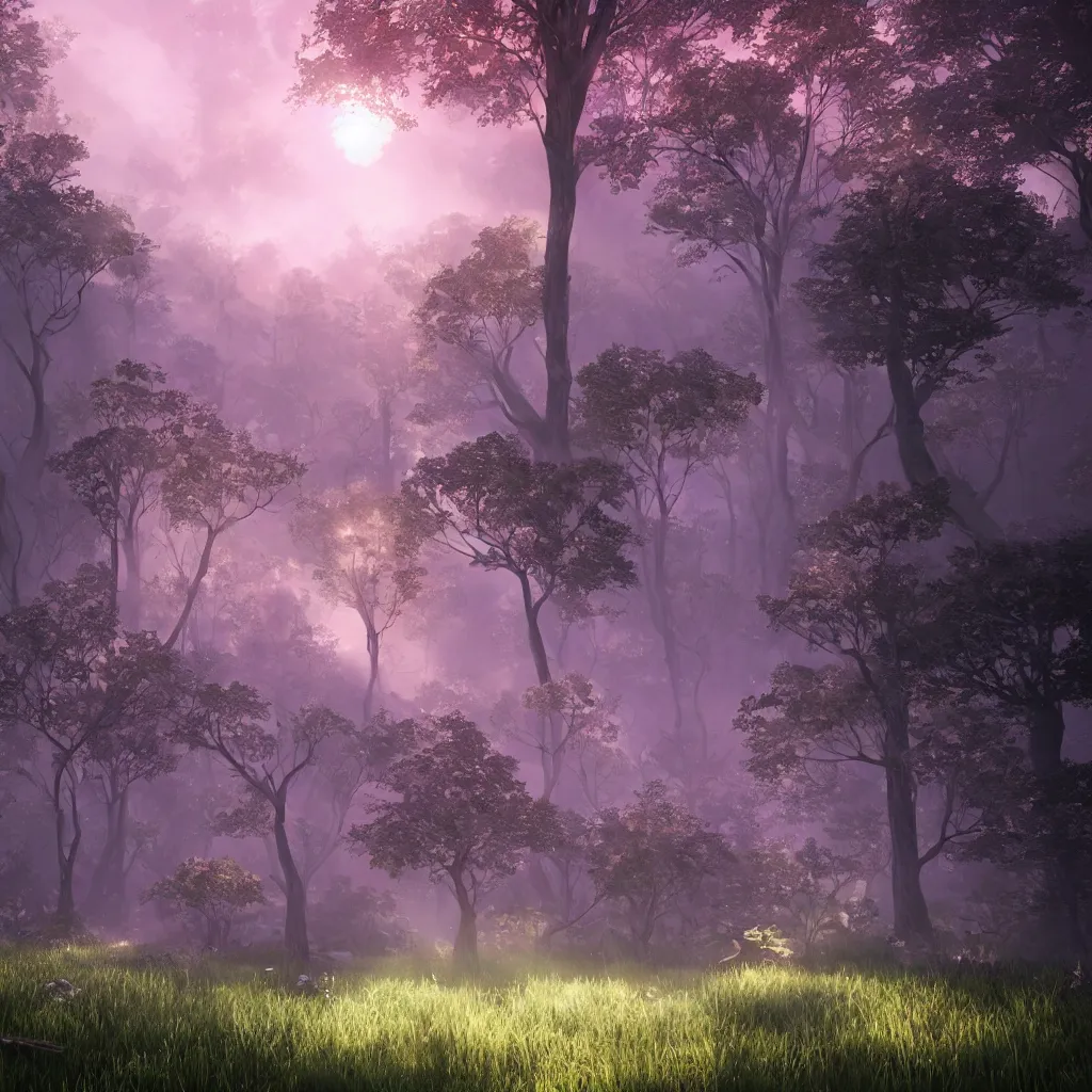 Prompt: fantasy with earth forest and meadow magic, at gentle dawn pink light, cinematic lighting, volumetric lighting, smooth, sharp focus, highly detailed, render in unreal engine 5, artstation, deviantart, behance, trending,, epic composition, hd, octane, unreal engine, volumetric lighting, light rays, masterpiece, award - winning