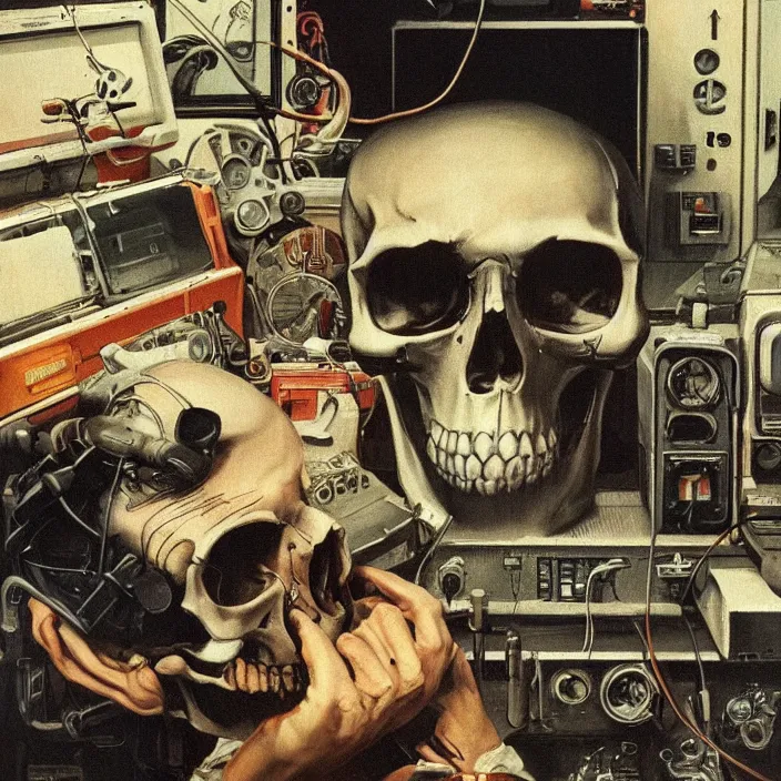 Prompt: pensive skull observing 8 0's era technology, vintage shapes, retro technology, vintage color, wayne barlow, oil on canvas, deep depth of field, masterpiece, cinematic composition, hyperdetailed