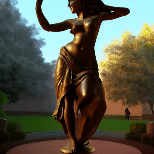 Prompt: a statue of a greek goddess dancing next to a temple in a standing pose with arms by her body, digital illustration, trending on artstation