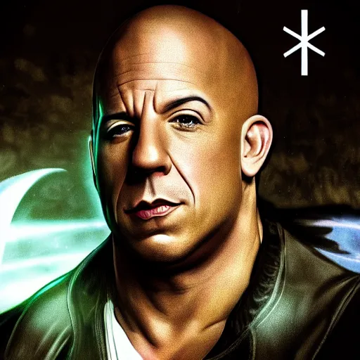 Image similar to Portrait of Vin Diesel as a angel with a halo above the head, digital art, trending on artstation, detalied,