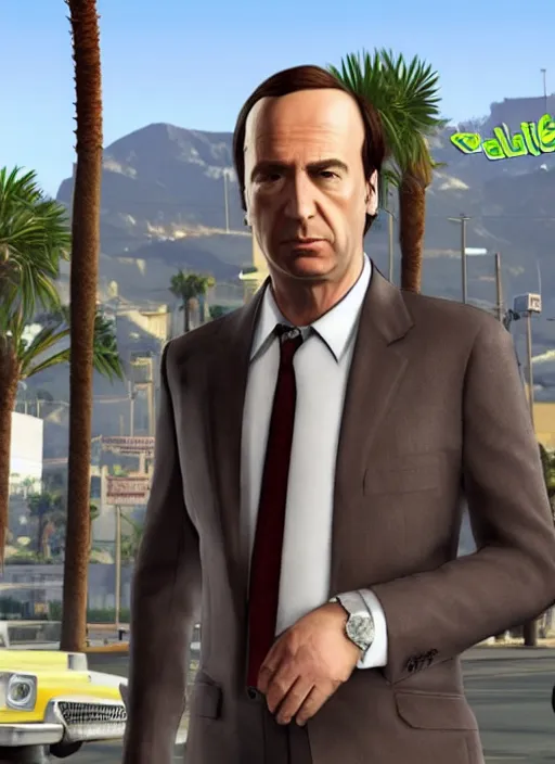 Image similar to saul goodman from better call saul in gta v los santos in background, palm trees. in the art style of stephen bliss.