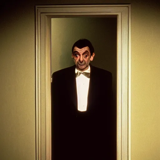 Prompt: mr bean in the shining. here is johny! movie still, cinematography, cinematic lighting