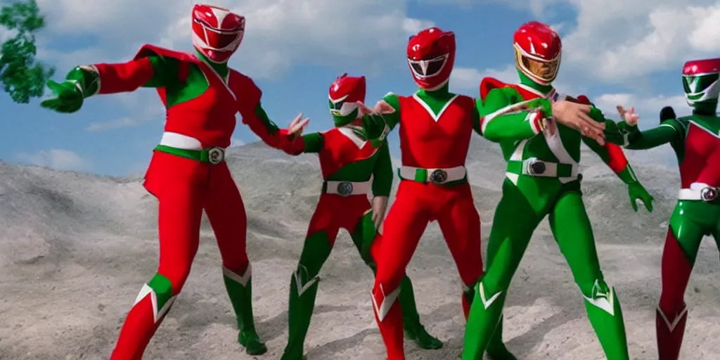 Image similar to realistic scene of red and green power rangers in war, ultra realistic, 8 k