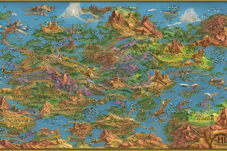 Prompt: A labeled,3d rendered map of a heavenly realm including regional borders, intricately detailed, full color, digitally displayed