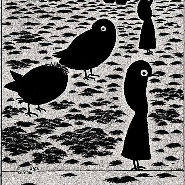 Image similar to a still frame from comic strip, black fluffy hairy bird 1 9 5 0, hasui kawase, new yorker illustration, monochrome bw, lineart, manga, tadanori yokoo, simplified,