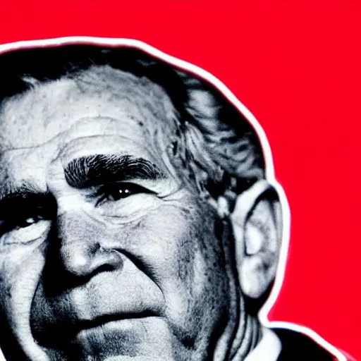 Image similar to An Alec Soth portrait photo of George W. Bush with bright red glowing eyes, sweat is glistening on his face