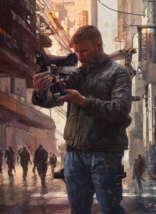 Image similar to salesman demonstrating belt fed automatic pistol armalite m 2 1 1 1. blade runner 2 0 4 9 concept painting. epic painting by james gurney, azamat khairov, and alphonso mucha. artstationhq. painting with vivid color. ( rb 6 s, cyberpunk 2 0 7 7 )