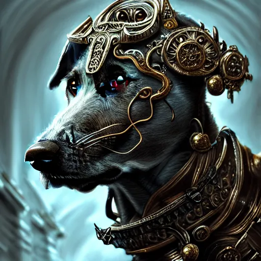 Image similar to dog as a god, very detailed face, detailed features, fantasy, circuitry, explosion, dramatic, intricate, elegant, highly detailed, digital painting, artstation, concept art, smooth, sharp focus, illustration, art by gustave dore, octane render