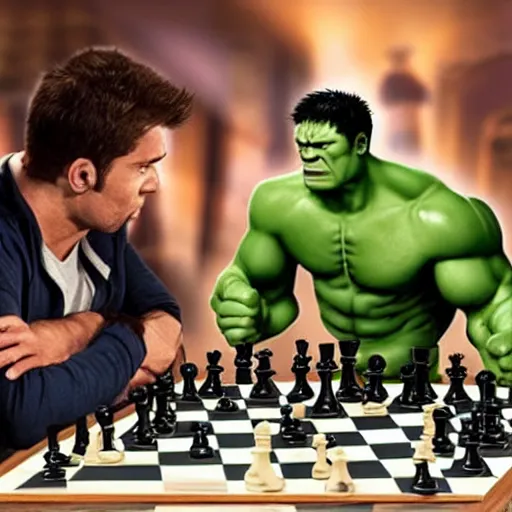 Prompt: Captain America and Hulk playing chess