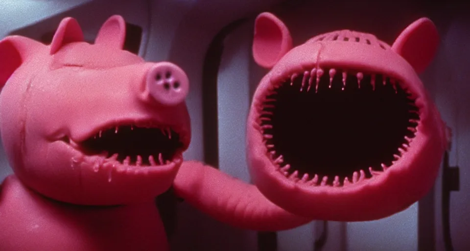 Prompt: peppa the pig infected by xenomorph from movie alien 1 9 7 9, staying at nostromo spaceship. extreme long shot, 4 k, cinestill, giger, hermann nitsch, dark colors