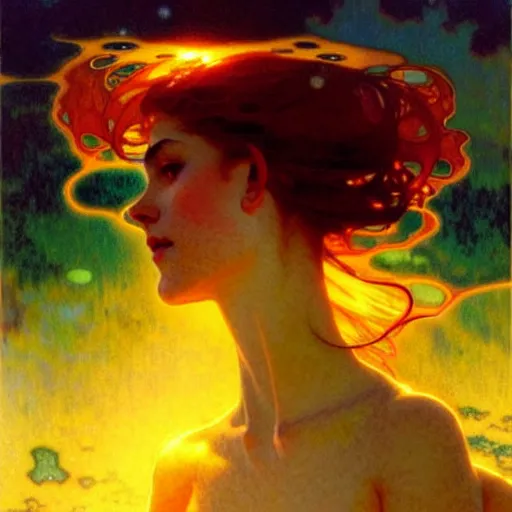 Image similar to sea of glossy liquid honey drops flowing like translucent amber, backlit, sunset, refracted lighting, art by collier, albert aublet, krenz cushart, artem demura, alphonse mucha