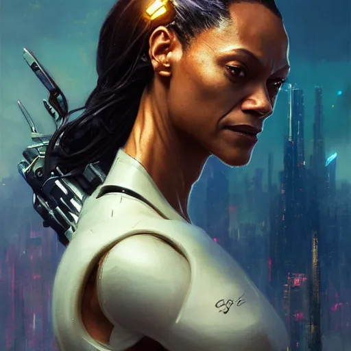 Prompt: cyborg Zoe saldana profile picture by Greg Rutkowski, dynamic pose, intricate, futuristic, fantasy, elegant, by Stanley Artgerm Lau, greg rutkowski, thomas kindkade, alphonse mucha, loish, norman Rockwell,