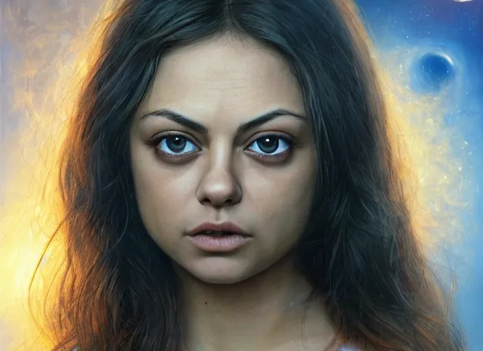 Image similar to big-eyed surprised Mila Kunis staring intensely into the camera, sundown golden hour firefly wisps, Lilia Alvarado, Sophie Anderson, Mark Arian, Bob Byerley, Charlie Bowater, Mark Brooks, Steve Henderson, Justin Gerard, Arthur Hughes, Edward Robert Hughes, Mark Keathley, Victor Nizovtsev, Carlos Shwabe, Ross Tran, WLOP