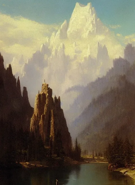 Prompt: painting of a skyscraper made of concrete in front of beautiful mountains by albert bierstadt