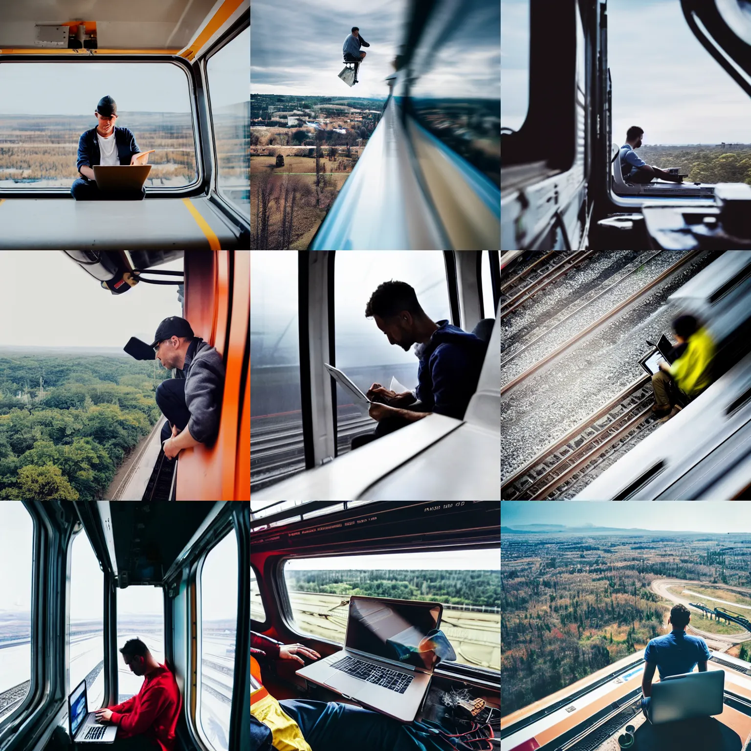 Prompt: a man sitting on top of a moving train working on his laptop, high shutter speed taken from a helicopter