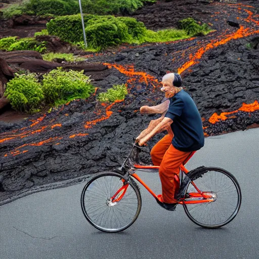 Image similar to elderly man riding a bike in a lava flow, wheelie, stunt, trick, volcano, eruption, magma, lava, canon eos r 3, f / 1. 4, iso 2 0 0, 1 / 1 6 0 s, 8 k, raw, unedited, symmetrical balance, wide angle