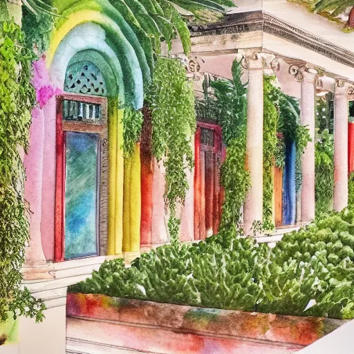 Image similar to delicate garden on paper floating puffy vines botanical herbarium botanic watercolors iridescent 8 k wide angle realistic artstation italian rainbow colonnade oak pinecone architecture pompeii