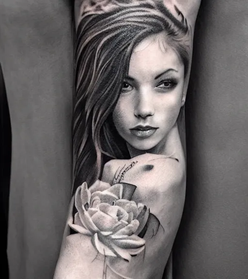 Image similar to tattoo design sketch of a beautiful girl portrait and a faded mountain background, in the style of den yakovlev, black and white, realism tattoo, hyper realistic, highly detailed