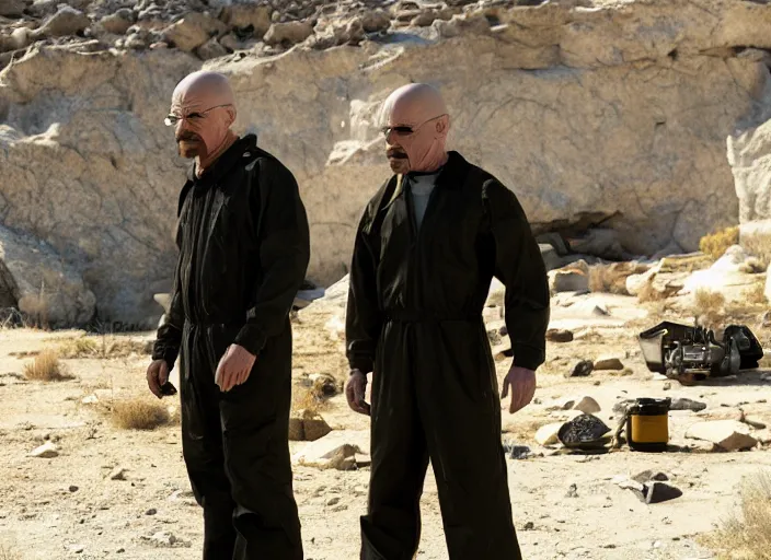 Image similar to film still of Walter White as Gordan Freeman wearing Black Mesa Jumpsuit in the Half Life Movie, 4k