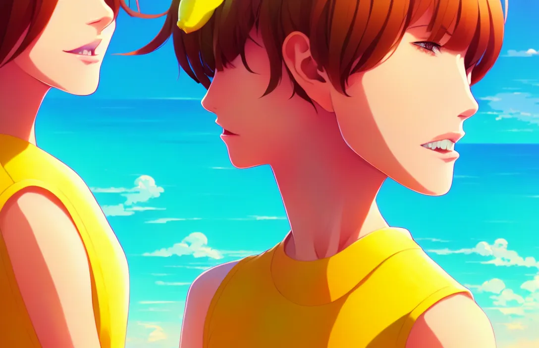 Image similar to ⁠portrait of a Lemon , Beach background, rich vivid colors, ambient lighting, dynamic lighting, 4k, HQ, official media, anime key visual, makoto shinkai, ilya kuvshinov, lois van baarle, rossdraws, detailed, trending on artstation